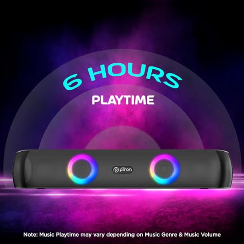 Image of pTron Fusion Beam V2 16W Bluetooth Soundbar Speaker, Stereo Sound, RGB Lights, Metal Grill, Soundbar for Phone /TV /Laptop /Tablets, BT5.3 /Aux /TF Card /USB Playback & TWS Feature (Midnight)