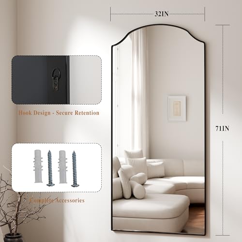Image of BEAUTYPEAK 71 inchx32 inch Full Length Mirror with Unique Arched Design | Full Body Mirrors, Floor Mirror with Aluminum Alloy Frame, Standing Hanging or Leaning for Bedroom and Living Room, Black
