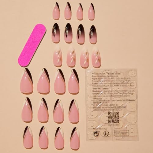 Image of Leaf Press on Nails Gold Glitter Fake Nails Medium Almond False nails with Design French Tip Glue on Nails Artificial Acrylic Nail Full Cover Nude Stick on Nails for Women Manicure 24Pcs