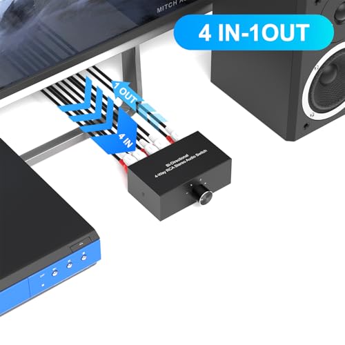 Image of Dingsun 4-Way Stereo Audio Switcher, Bi-Directional Right and Left Channel Audio Selector Box for Blu-ray Players or DVD Players Active Speakers (4In-1Out /1In-4Out)