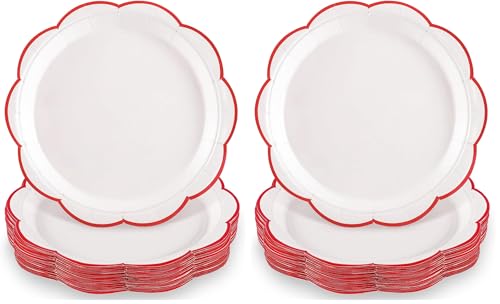 Image of NatNarr 30 Pcs Red and White Paper Plates, 9 Inch White Plates with Red Trim Scalloped Galentines Paper Plate Disposable for Valentines, Baby Shower, Wedding, Bridal Shower (Pack of 2)
