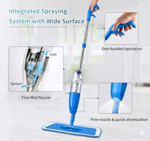 Image of Spray Mop for Floor Cleaning with Refillable Water Tank, Washable Microfiber Pad & Stainless Steel Handle | Flat Wet Mop for Tile, Marble, Wooden & Laminate Floors | Blue