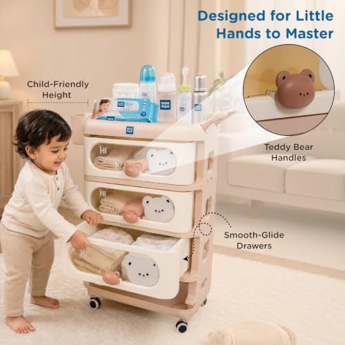 Image of Mee Mee My Teddy Storage Drawer Organizer | 3 Drawer Baby Storage Cabinet | 67.5L Storage Capacity | PP Plastic Organizer with Wheels | Nursery & Kids Storage Solution