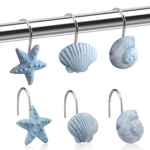 Seashell Decorative Shower Curtain Hooks Fashion Shower Curtain Rings Ocean Shower Curtain Hangers 12PCS Shower Hooks for Shower Curtain Bathroom Bedroom Living Room Home Decor