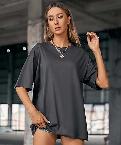 Image of London Hills Women's Cotton Loose Casual Round Neck Solid, Drop Shoulder T-Shirt Pack of 2