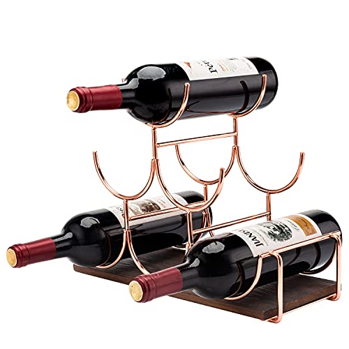 Mygift Rose Gold Wine Rack Countertop, 6 Bottle Modern Tabletop Metal Wire Stacked Wine Holder Stand With Burnt Wood Base #TOP3