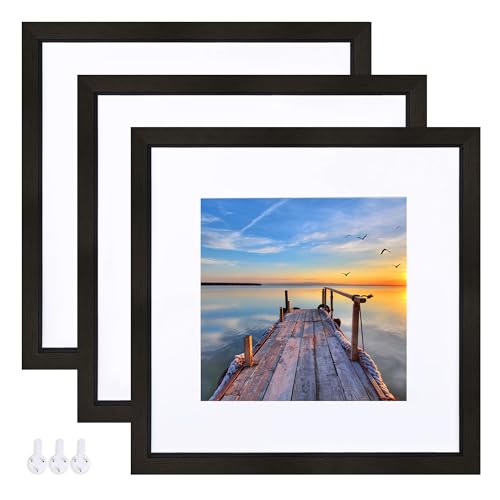 Hongkee 12x12 Black Picture Frame set of 3, Made of Glass and Wooden Square Photo frame - Displays Picture 8x8 With Mat or 12 x 12 Without Mat, Desktop & Wall Collage Photo Frame