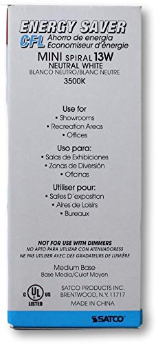 Satco S6238 Light Bulb Pack Of 4 Mini Spiral Compact Fluorescent Cfl 13W, 3500K Neutral White, 900 Lumens, E26 Medium Base, 120V, T2 Shape, 82 Cri, 60W Equivalent; 4 Bulbs Total #TOP4