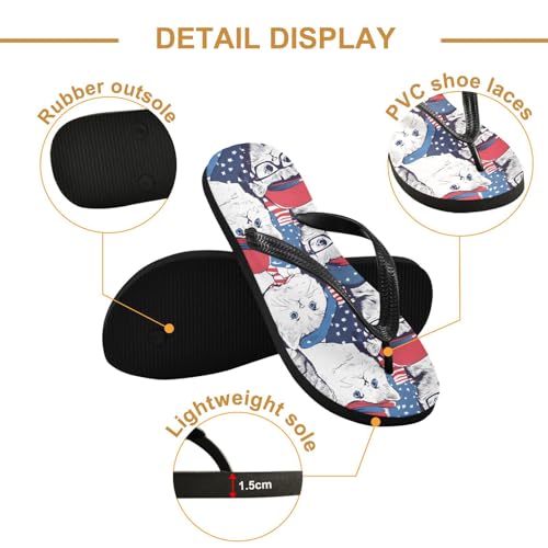 ALAZA Flag Cats Flip Flops for Women Fashion Beach Slippers Comfort Mens Flip Flops Non-Slip Rubber Shower Slippers Sandal for Hotel Travel Sport,XS3