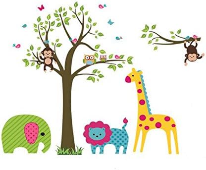 Cute Zoo Owl Wall Sticker Monkey Playing on Tree Branch with Animal Friends Nursery Wall Decal for Children