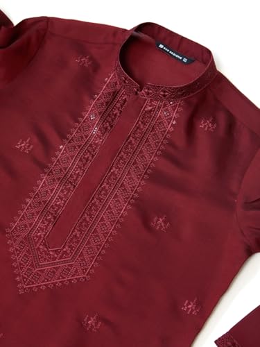 Image of See Designs Men's Long Sleeve Mandarin Collar Side Slit Cream Embroidered Chanderi Silk Straight Kurta with Pyjama