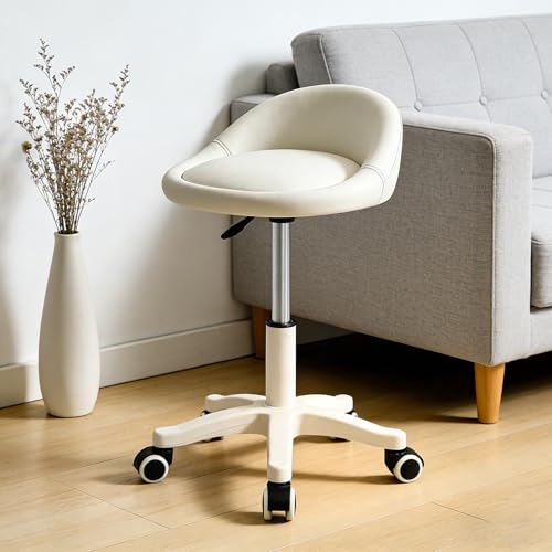 Image of Swivel Rolling Stool with Wheels, Height Adjustable PU Leather Drafting Chair, Round Seat for Salon, Spa, Tattoo, Office, Home Use Beige Set of 1