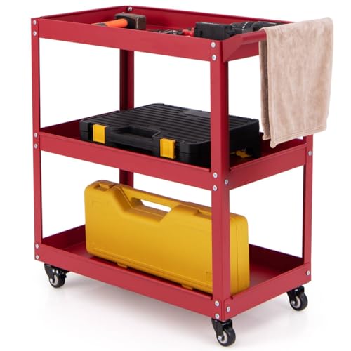 TANGZON 3-Tier Tool Cart on Wheels, Heavy Duty Utility Garage Serving Trolley with Convenient Handle & 2 Lockable Casters, Multi-purpose Rolling Organizer Cart(Red)