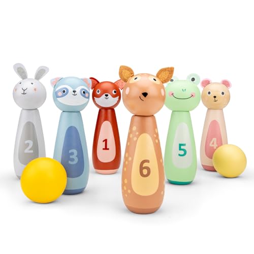 Woet® Jouet Bowling en Bois pour Enfants – Set avec 6 Quilles Animaux et 2 Boules – Jeu...