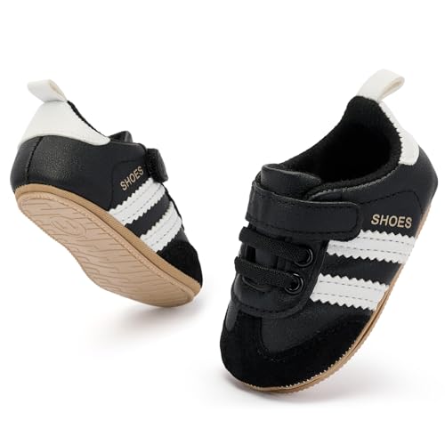 BACSAC Baby Shoes for Boys Girls Non Slip Low Top Infant Walking Shoes Breathable Comfort Toddler Walker Shoes Pull On Newborn Baby Sneakers(Black White 3-6 Months)