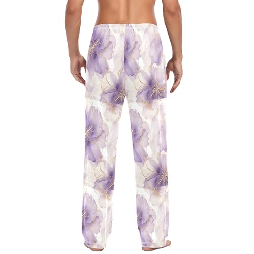 Men's Purple Silver Flower Pajama Pants with Pockets - Straight Fit Cotton Sleep Bottoms for Lounge & Nightwear#8893