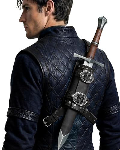 Medieval Faux Leather Adjustable Back Sword Frog - Vintage Sword Sheath Holster Renaissance Warrior Costume Accessory (Black a)