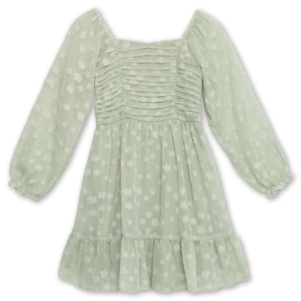 Speechless Girls' Square Neck Long Sleeve Ruffle Hem Floral Mesh Overlay Dress
