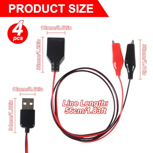 Image of 4PCS USB to Alligator Clip Adapter Cable, 24AWG 2PCS Male USB to Alligator Clip Jumper Probe, 2Pcs Female USB to Dual Copper Alligator Clip Test Leads 60cm / 1.96 ft for Testing The Circuit