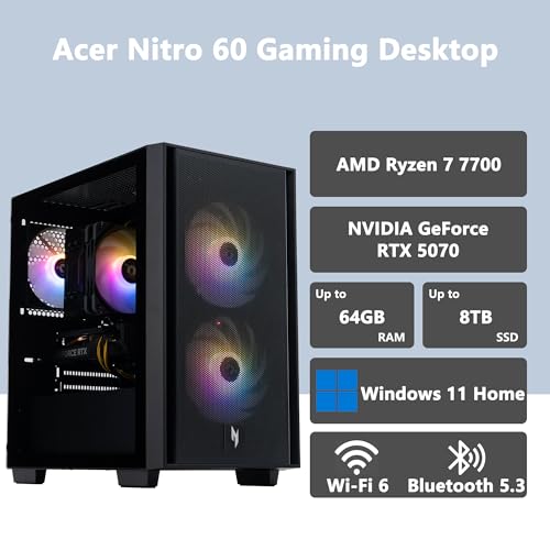 acer Nitro 60 Gaming Desktop Computer | AMD Ryzen 7 7700 | 32GB DDR5 2TB SSD | NVIDIA GeForce RTX 5070 12GB GDDR7 DLSS4 (Up to 988 AI Tops) | DisplayPort Wi-Fi 6 Win11 w/DLCA Accessory - Image 4
