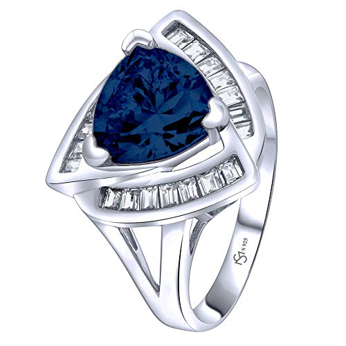 Women's Sterling Silver .925 Trillion Cut Cocktail Ring with Blue Center Stone Surrounded by 21 Sparkling White Cubic Zirconia (CZ) Stones Platinum Plated Jewelry
