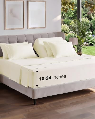 Image of Extra Deep Flex Top Split Head King Sheet Set - 6 Piece Breathable and Cooling Sheets - Hotel Luxury Bedding for Women, Men, Kids & Teens - Easy Secure Fit - Extra Deep Pockets - Off White