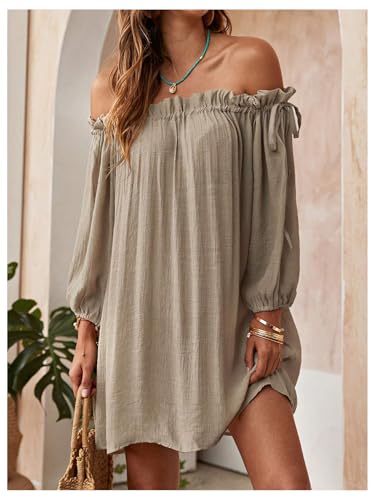 OYOANGLE Women's Swimsuit Cover Ups Off Shoulder Long Sleeve Beach Dress Frill Trim Swimwear3