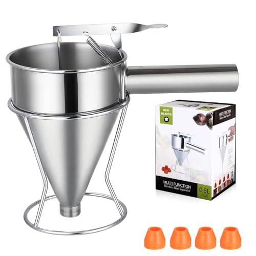 Zaxiva Dispensador de Masa, 600ml Dispensador de Masa para Tortitas Acero Inoxidable, Embudo de Cocina con Soporte y 4 Boquillas de Silicona, Perfecto para Tortitas de Postres Zaxiva Dispensador de Masa, 600ml Dispensador de Masa para Tortitas Acero Inoxidable, Embudo de Cocina con Soporte y 4 Boquillas de Silicona, Perfecto para Tortitas de Postres