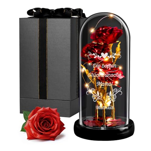 Maverton ewige Rose im Glas mit LED-Beleuchtung - Infinity Rose mit Gravur personalisiert - Geschenke für Frauen zum Valentinstag zu Weihnachten - Geburtstagsgeschenk für Frauen