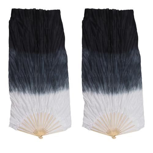 Éventail de Danse Long, Voiles Chinois Faits à la Main, éventails Longs en Soie, éventail en Soie pour L'apprentissage de la Danse du Ventre (Gris et Noir)