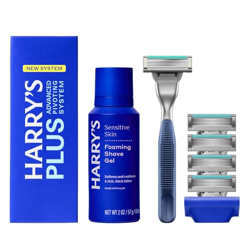 Harrys Plus Shaving Kit for Men - Premium Handle 5 Razor Blade Cartridges Foaming Shave Gel and Travel Blade Cover - TSA Approved Travel Essentials - Advanced Pivoting System - Tide