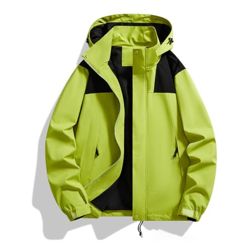 Image of Color Block Waterproof Hooded For Men Rain Shell Jacket Windproof Coat With Adjustable Drawcord Hood & Velcro Cuffs Packable Zip Up Hiking Camping And Fishing Outdoor Activities Fluorescent Green S