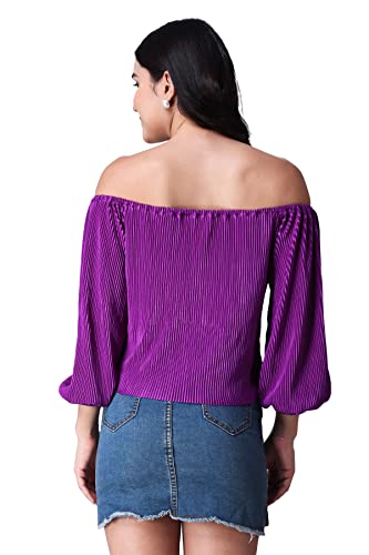 Image of POPWINGS Casual Wrinkle Off Shoulder Crop Top for Women - Designer Stylish Western Full Sleeves