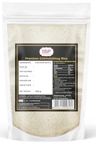 Image of Delight Foods Premium Bengali Gobindobhog Rice 700g | 2 Years Old Aged | Unpolished Aromatic Short Grain Chawal | Grown in Bengal | Ideal for Payesh /Kheer, Biryani & Pulao