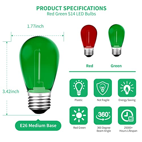 Meconard S14 Colored LED String Light Bulbs,1 Watt Plastic Shatterproof Waterproof Outdoor Indoor Replacement Bulbs for Home Decor, E26 Medium Base, Red Green Light Bulbs, 15Pack by Meconard - Image 2