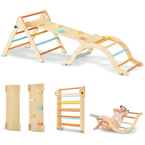 Giant bean Pastel 7 in 1 Pikler Triangle Set with Sliding Ramp & Climbing Arch Ramp, Foldable Wooden Toddler Climbing Toys Indoor, Playground Jungle Gym for Kids Age 1-3, Montessori Climbing Set Cover