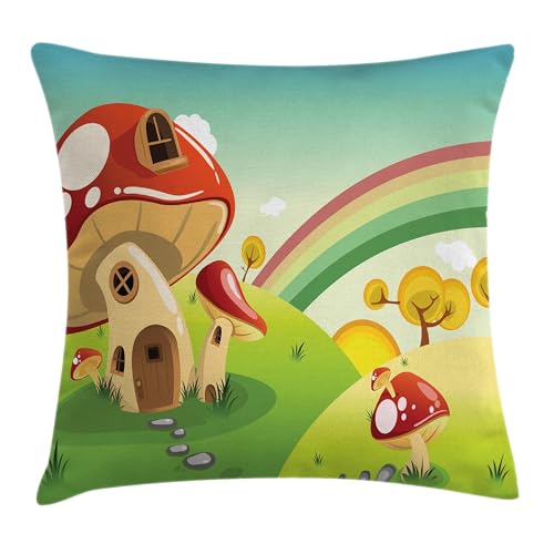 Ambesonne Mushroom Throw Pillow Cushion Cover, Mushroom Fantasy House Steppingstone Farm Field After The Rain Outdoor Childhood, Decorative Square Accent Pillow Case, 36