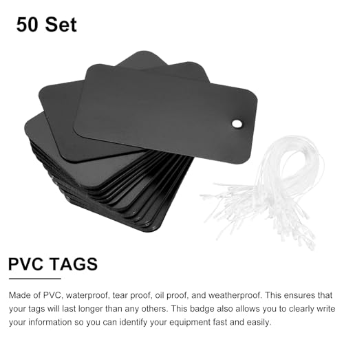 QUARKZMAN 50 Stück Versandanhänger wasserdichte mit Seil, 9 x 5 CM PVC Blanko Kunststoffanhänger Rechteckig für Namensetiketten Kleidung Anhänger Geschenkverpackung, Schwarz