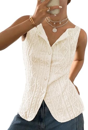 BLENCOT Women's Vest Top Slim Fitted Button Down Knit Vests Stretchy Textured Jacquard Going Out Tops