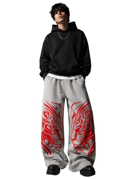 Men's Graphic Printed Wide Leg Jogger Trousers, Grey with Red Dragon Print, Streetwear Style-picture-20