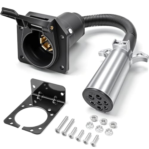 Image of 7 Pin Round to 7 Pin Trailer Adapter 7 Pole Round to 7 Way RV Flat Adapter Blade Trailer Connector Plug for Semi Truck Tractors Commercial Vehicle with Mounting Bracket