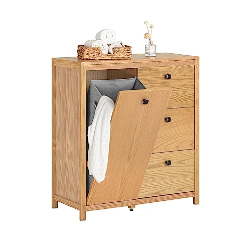 SoBuy Armoire à Linge avec Sac à Linge, Meuble Bas de Salle de Bain, Commode pour Salle de Bain, Armoire Toilette avec 3 Tiroirs et 1 Panier à Linge, Naturel,...