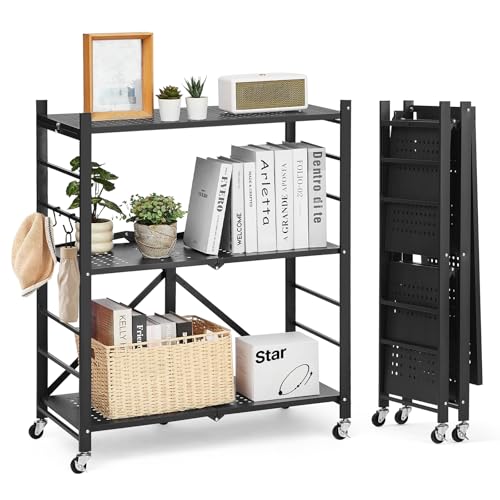 VEVOR Estante de Almacenamiento Plegable de 3 Niveles con Ruedas 76 x 33 x 91 cm Estantería Metálica Móvil Resistente, sin Necesidad de Ensamblaje, Organizador para Garaje, Cocina, Sótano, Negro