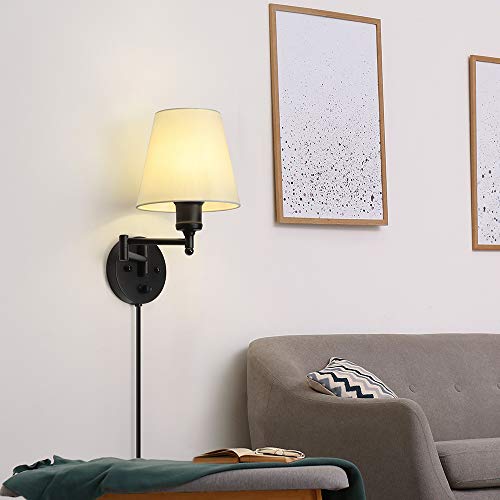 Plug in Wall Sconce Set of 2, Swing Arm Wall Light Fixtures with White Fabric Lampshade, Modern Reading Wall Lights for Bedroom Hallway Living Room - Thumbnail 6