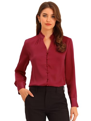 Allegra K Women's Office Work Satin Blouse Ruffled Collar V Neck Button Up Shirt X-Small Burgundy at Amazon Women's Clothing store