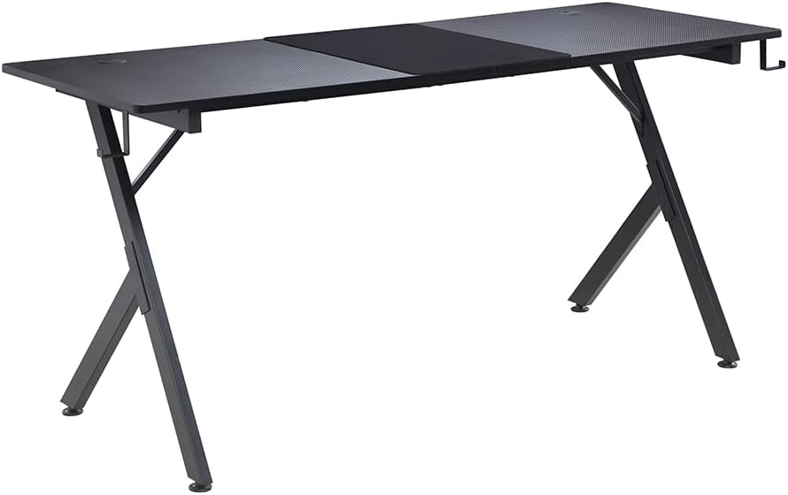 JJS Game Table 63",Carbon Fiber Surface Computer Desk, Mouse Pad, USB, Ergonomic E-Sports Style Gaming Table, Headphone Hooks