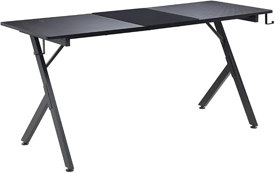 JJS Game Table 63",Carbon Fiber Surface Computer Desk, Mouse Pad, USB, Ergonomic E-Sports Style Gaming Table, Headphone Hooks, Black