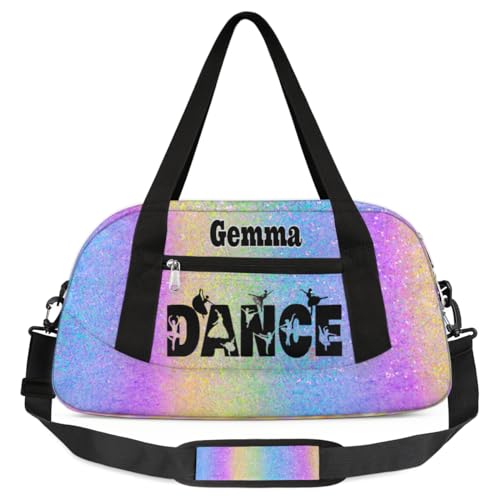 Custom Sports Dance Gym Bag, Personalized Dancing Ballet Bag Travel Overnight Small Duffel Bag Gymnastics Swimming Sleepover Overnight Sports Bag, Purple Blue Glitters Bling
