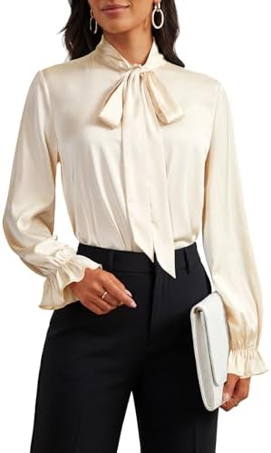 Vrtige Women's Bow Tie Neck Ruffle Long Sleeve Satin Button Down Business Blouse