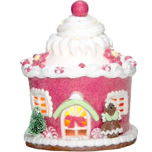 Etnorsu Lighted Pink Christmas Gingerbread Ornaments, Candy House Decor with LED Light, Bling Candy Ornaments for Indoor Room Decor